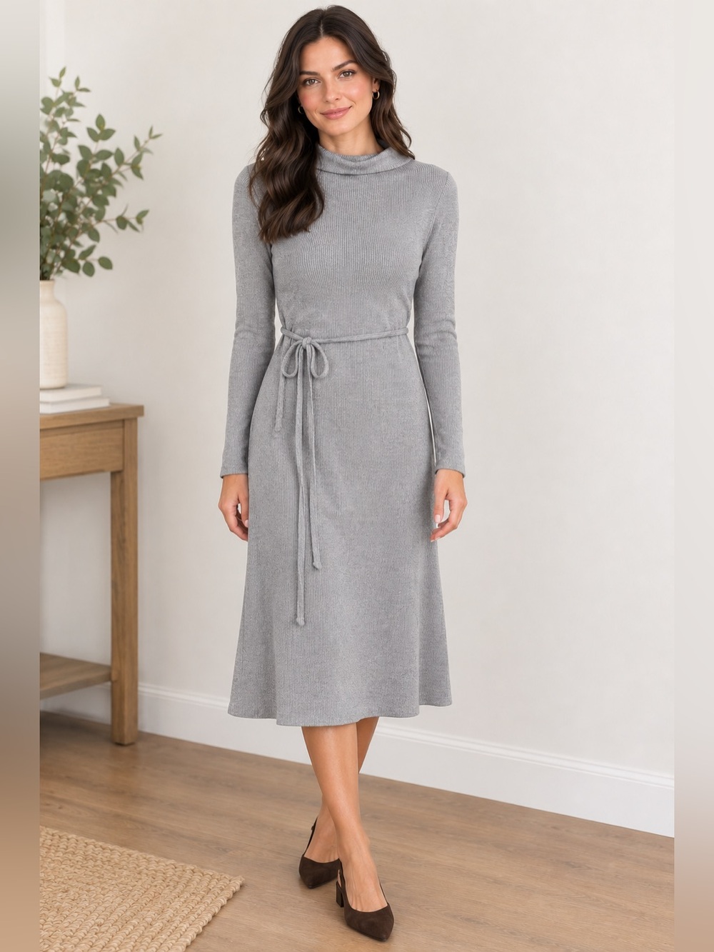 a new day Gray Long Sleeve Tie-Waist Knit Dress